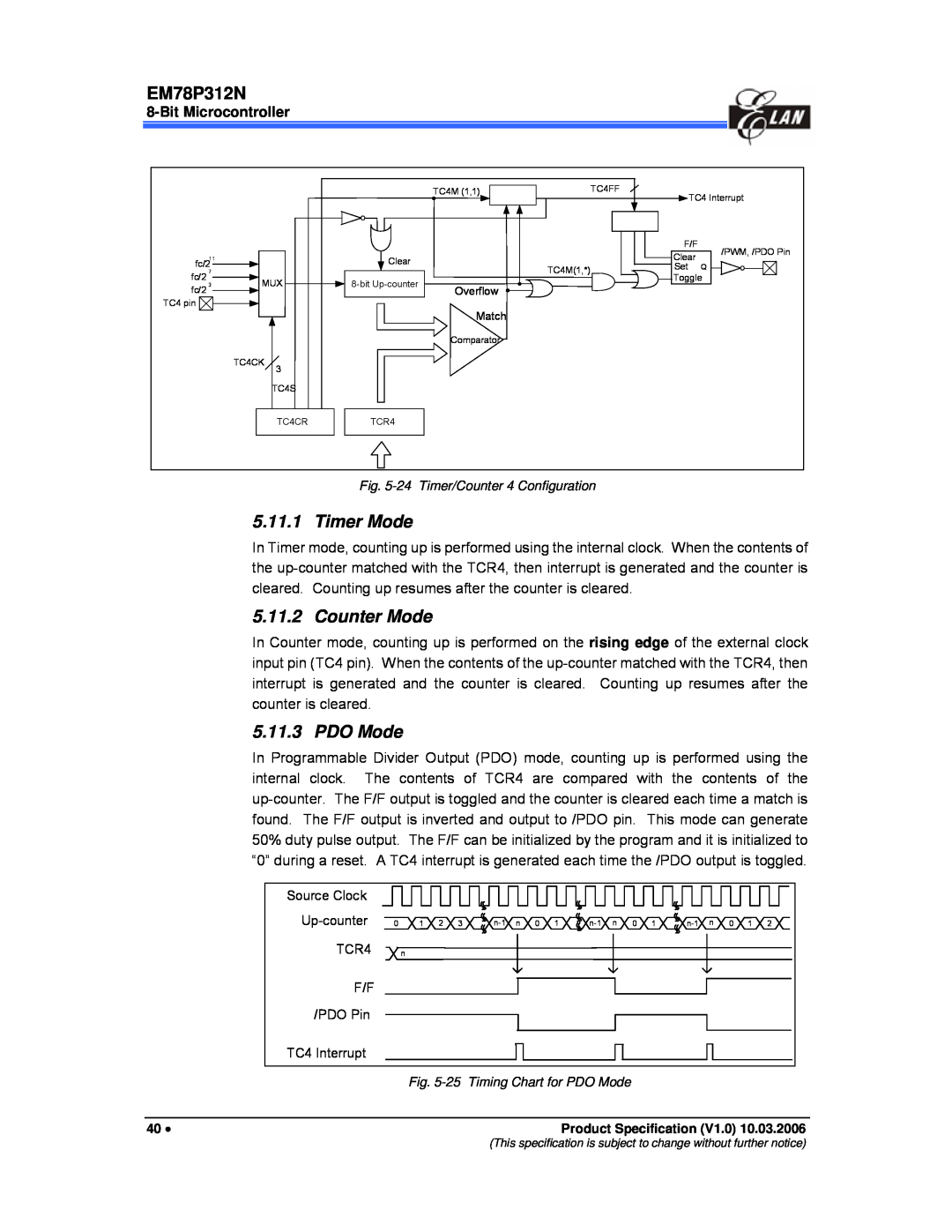 IBM EM78P312N manual Timer Mode, Counter Mode, PDO Mode, Bit Microcontroller 