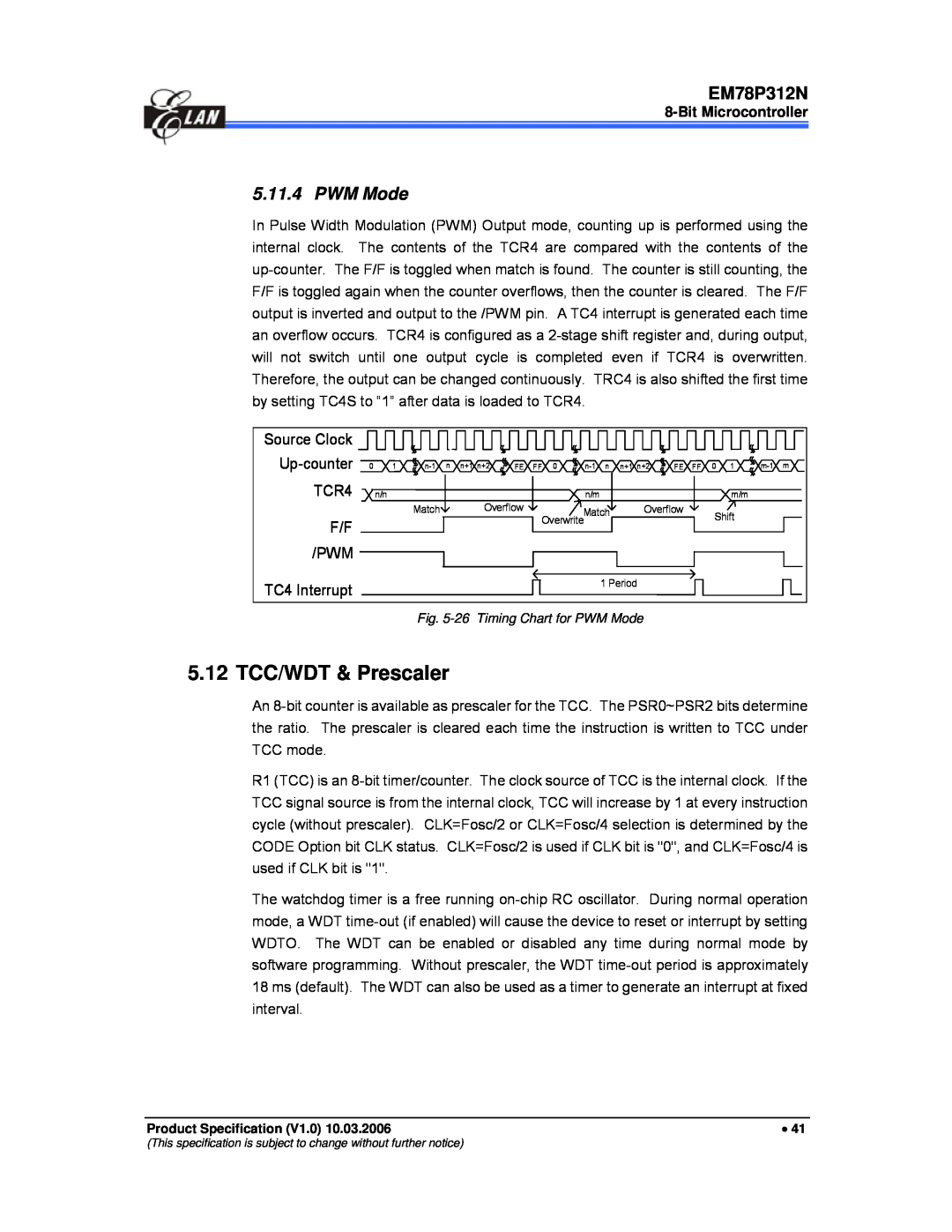 IBM EM78P312N manual 5.12 TCC/WDT & Prescaler, PWM Mode, Bit Microcontroller 