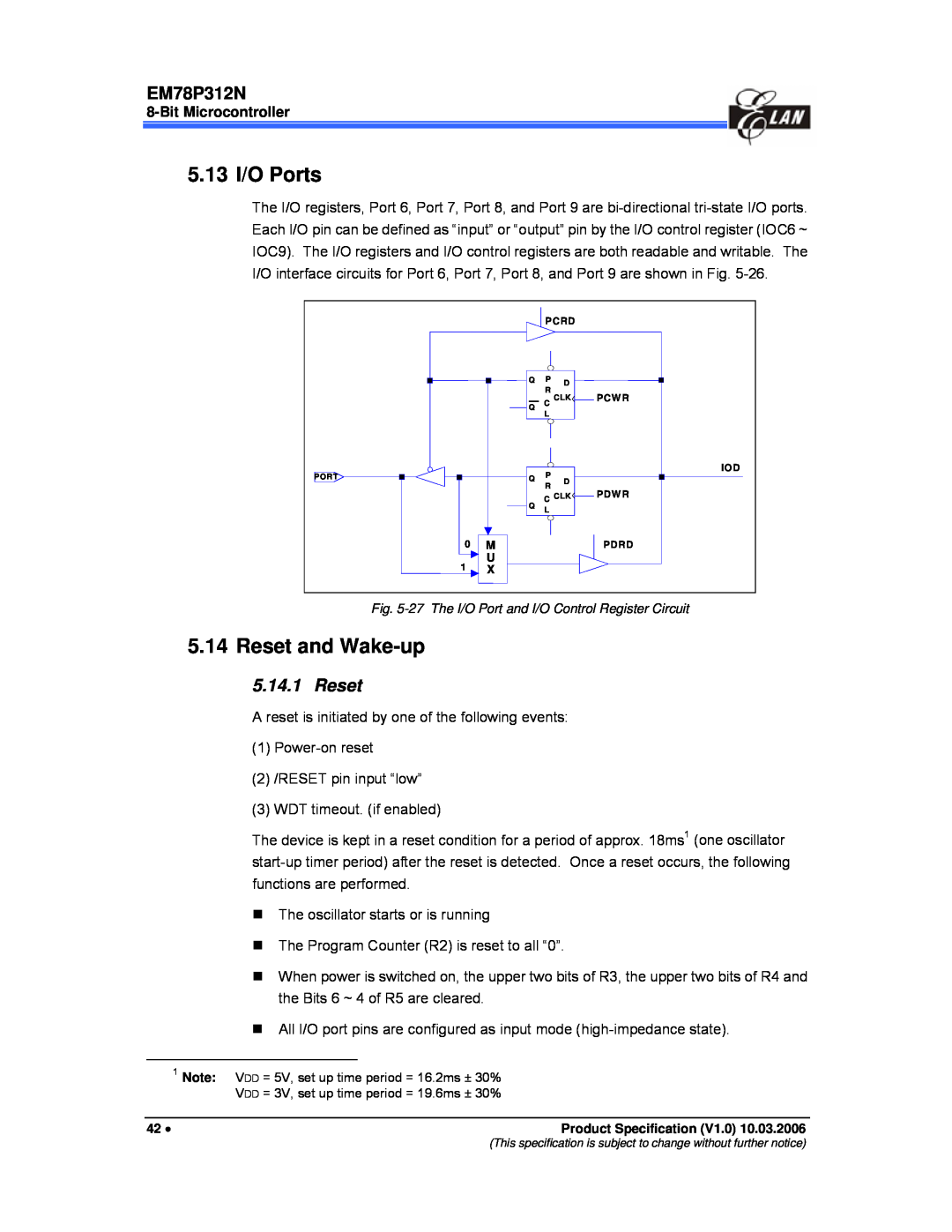 IBM EM78P312N manual 5.13 I/O Ports, Reset and Wake-up, Bit Microcontroller 