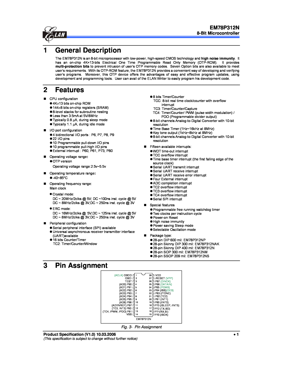 IBM EM78P312N manual General Description, Features, Pin Assignment, Bit Microcontroller 