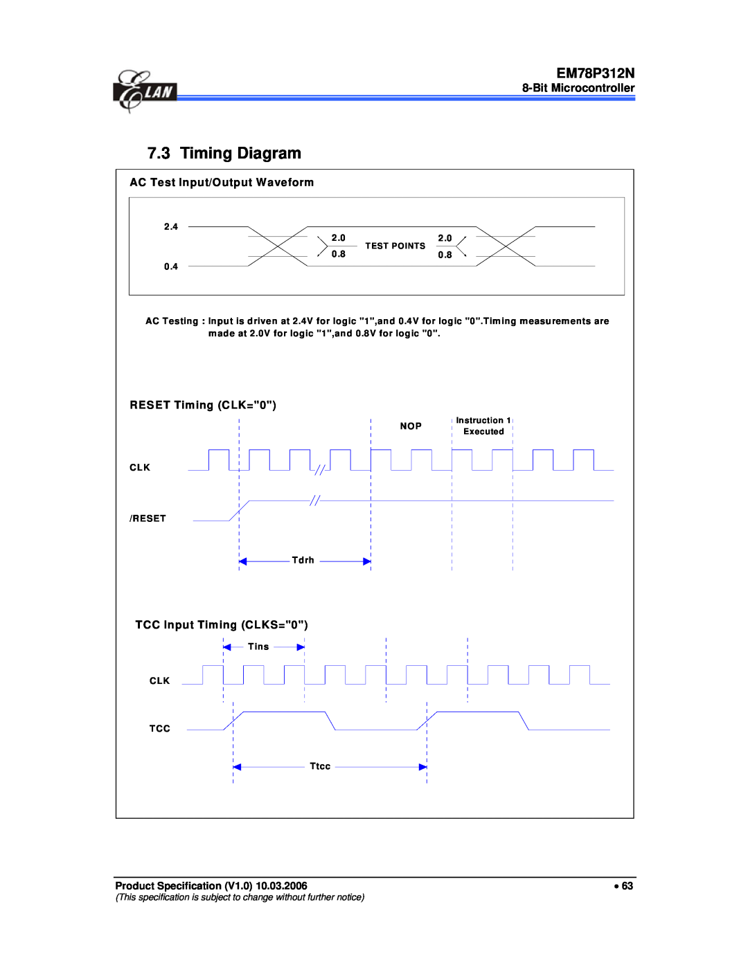 IBM EM78P312N manual Timing Diagram, Bit Microcontroller, AC Test Input/Output Waveform, RESET Timing CLK=0 