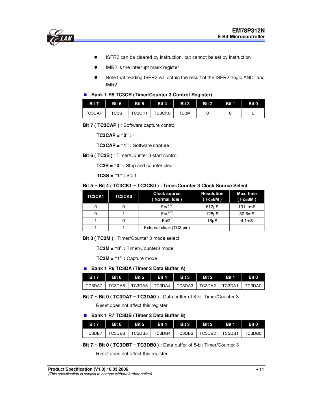 IBM EM78P312N manual Bank 1 R5 TC3CR Timer/Counter 3 Control Register, Bit 7 TC3CAP Software capture control, TC3CAP = 