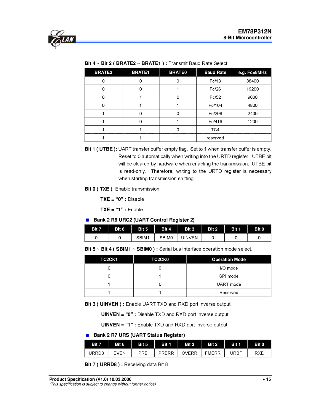 IBM EM78P312N Bank 2 R7 URS Uart Status Register, Bit 7 URRD8 Receiving data Bit, BRATE2 BRATE1 BRATE0, TC2CK1 TC2CK0 