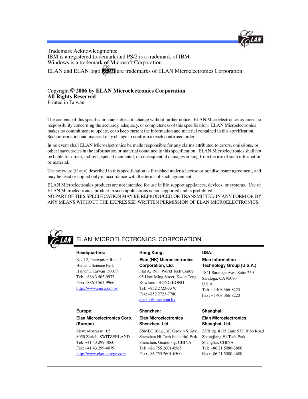 IBM EM78P312N manual Elan Microelectronics Corporation 