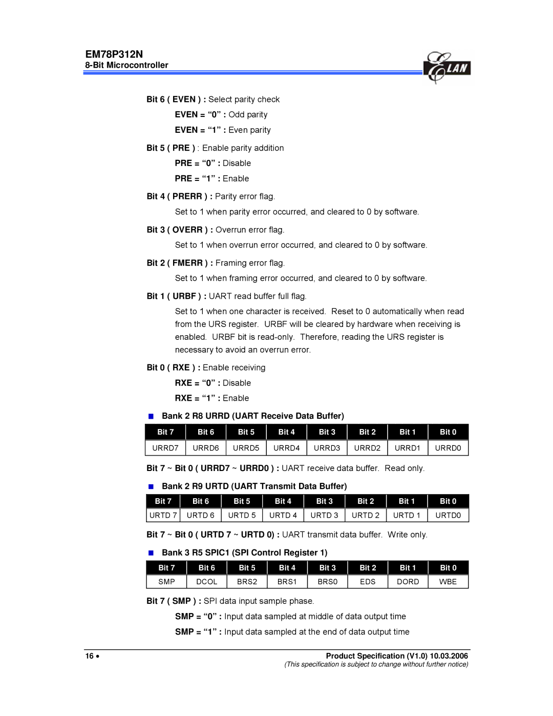 IBM EM78P312N Bit 6 Even Select parity check, Even = 0 Odd parity Even = 1 Even parity, Bit 5 PRE Enable parity addition 