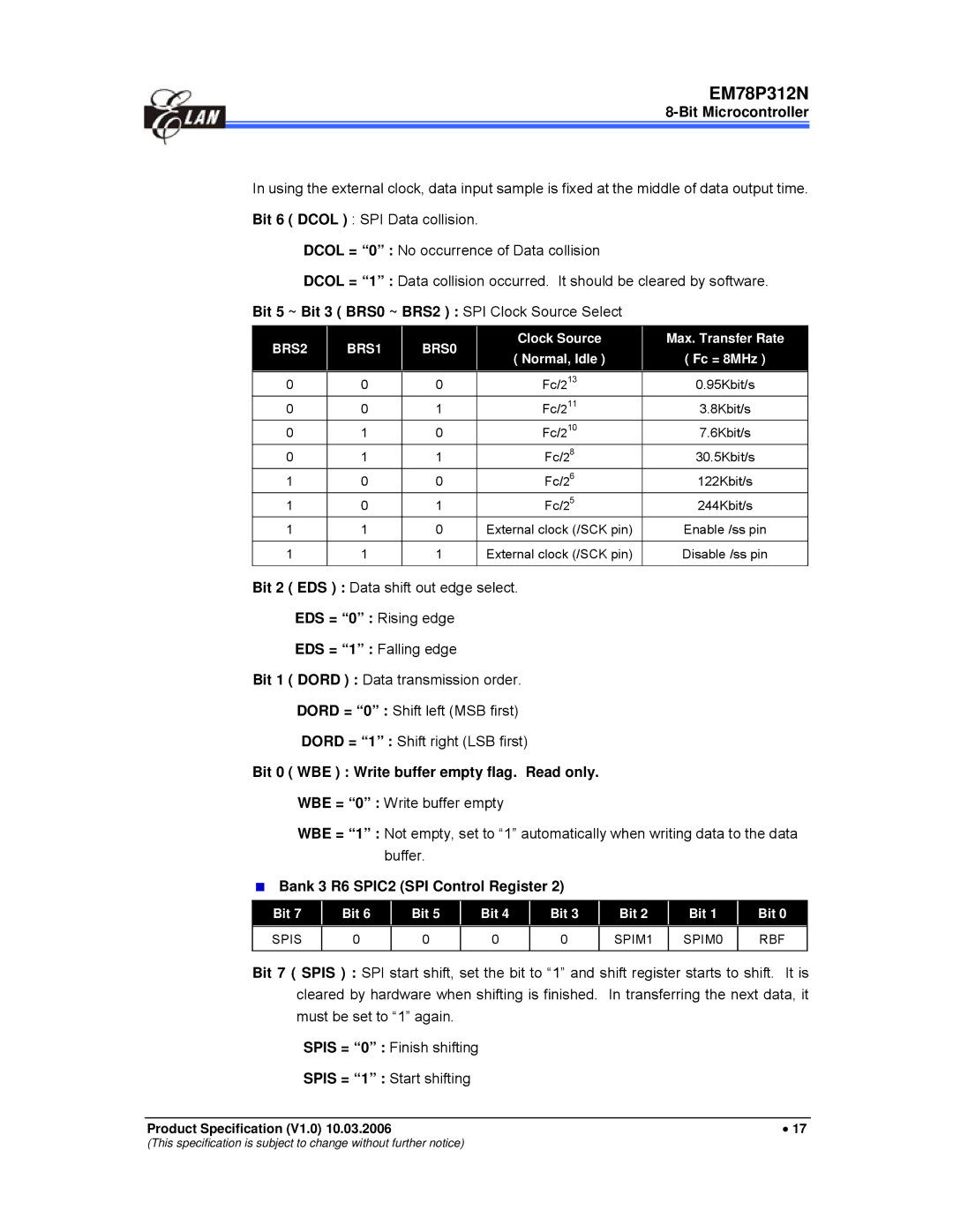 IBM EM78P312N manual Bit 5 ~ Bit 3 BRS0 ~ BRS2 SPI Clock Source Select, Bit 2 EDS Data shift out edge select 