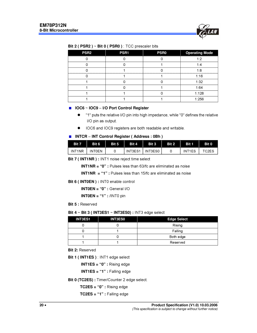 IBM EM78P312N manual IOC6 ~ IOC9 − I/O Port Control Register, Intcr − INT Control Register Address 0Bh 