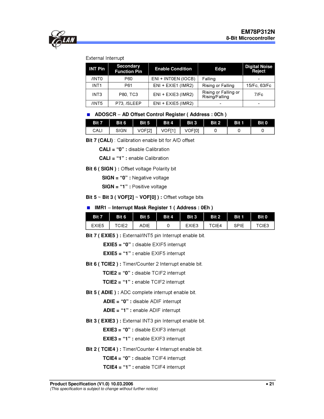 IBM EM78P312N manual External Interrupt, Adoscr − AD Offset Control Register Address 0Ch, Cali Sign 