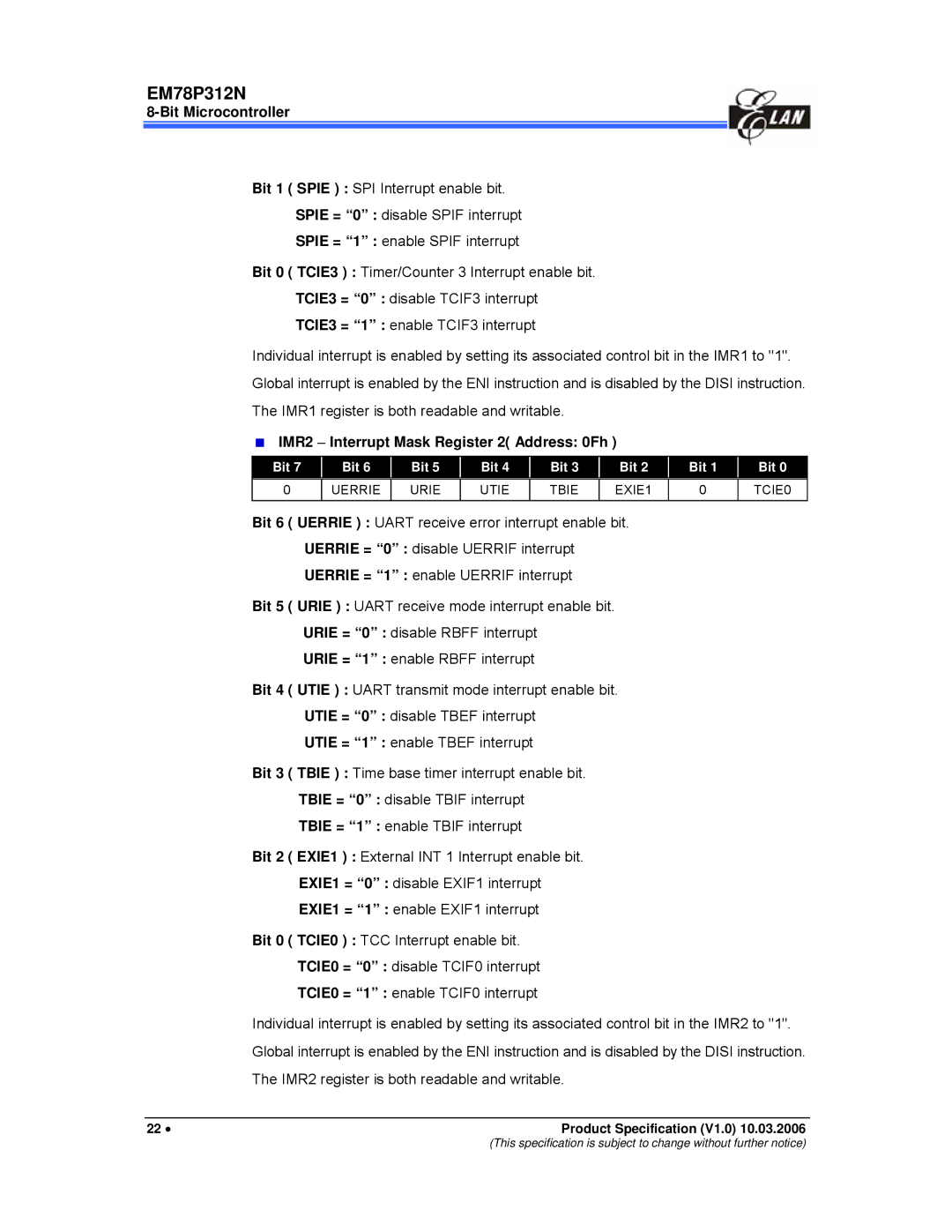 IBM EM78P312N manual IMR2 − Interrupt Mask Register 2 Address 0Fh, Uerrie Urie Utie Tbie EXIE1 TCIE0 