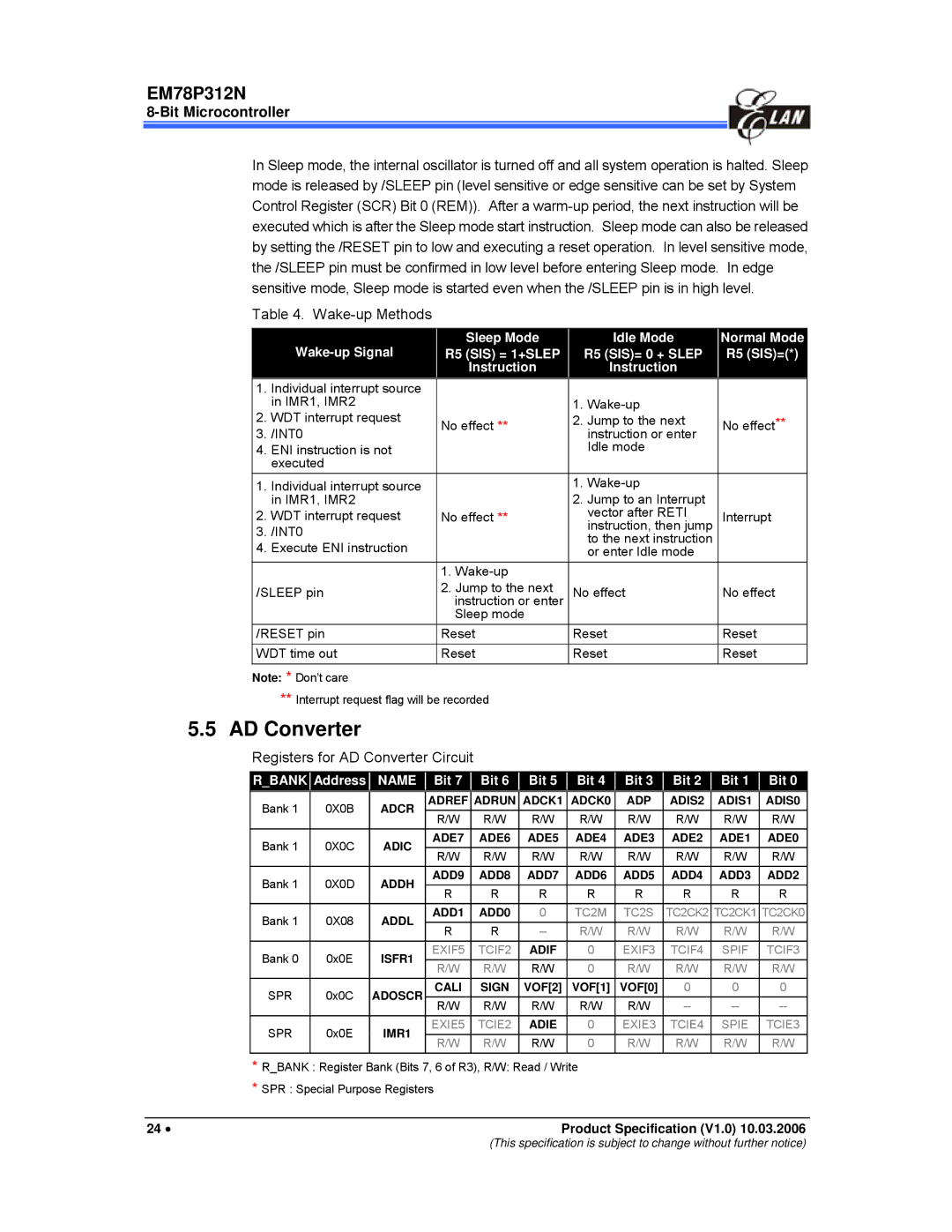 IBM EM78P312N manual Wake-up Methods, Registers for AD Converter Circuit, Sleep Mode Idle Mode 