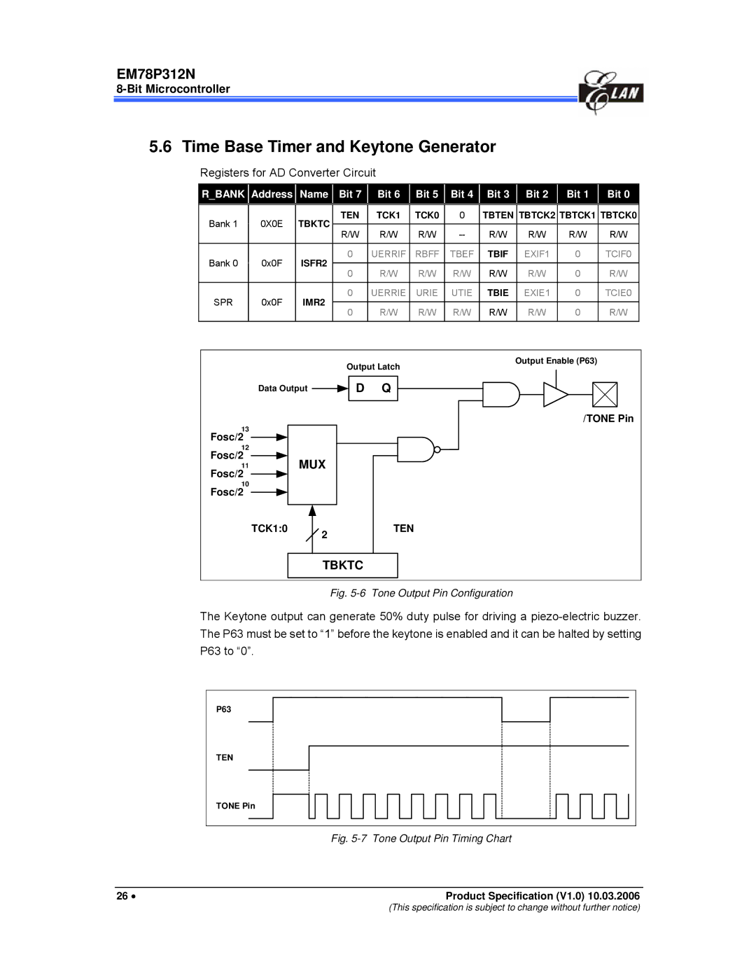 IBM EM78P312N manual Time Base Timer and Keytone Generator, Address Name Bit 