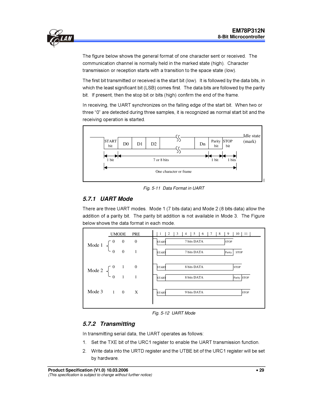 IBM EM78P312N manual Uart Mode, Transmitting 