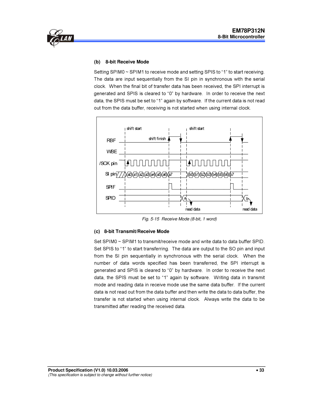 IBM EM78P312N manual Bit Microcontroller Bit Receive Mode, SCK pin, Bit Transmit/Receive Mode 