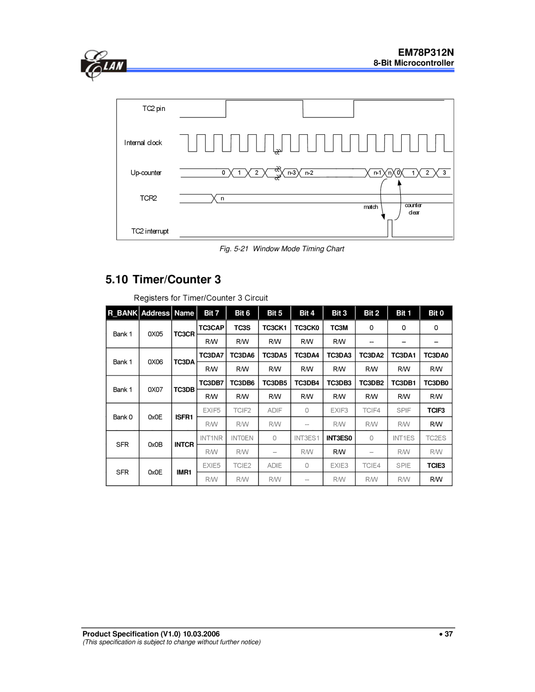 IBM EM78P312N manual Registers for Timer/Counter 3 Circuit, Window Mode Timing Chart 