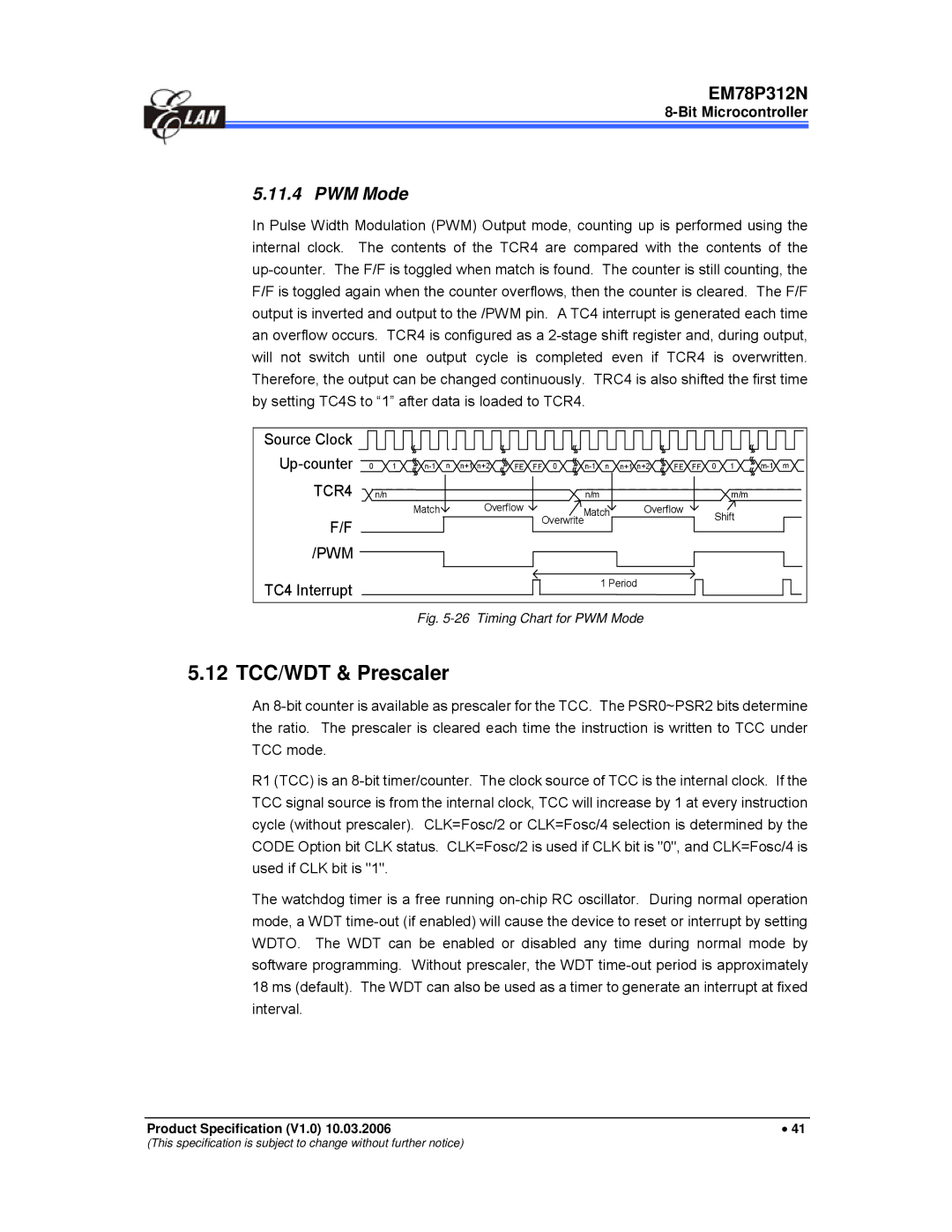 IBM EM78P312N manual 12 TCC/WDT & Prescaler, PWM Mode, Up-counter, TC4 Interrupt 