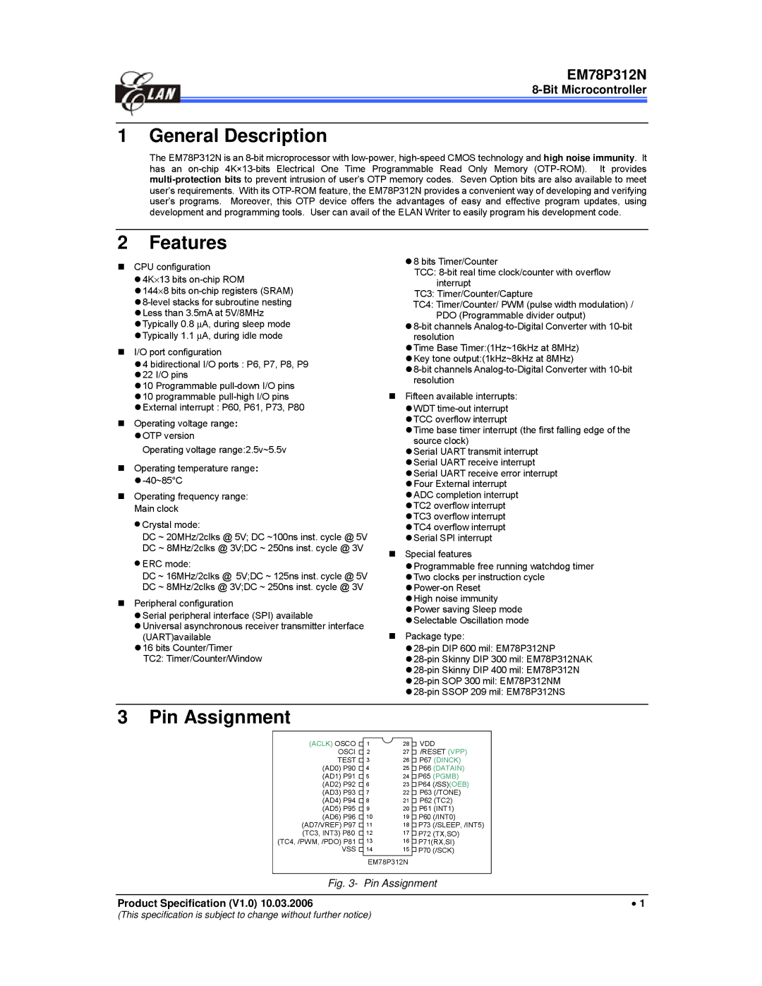 IBM EM78P312N manual General Description, Bit Microcontroller 