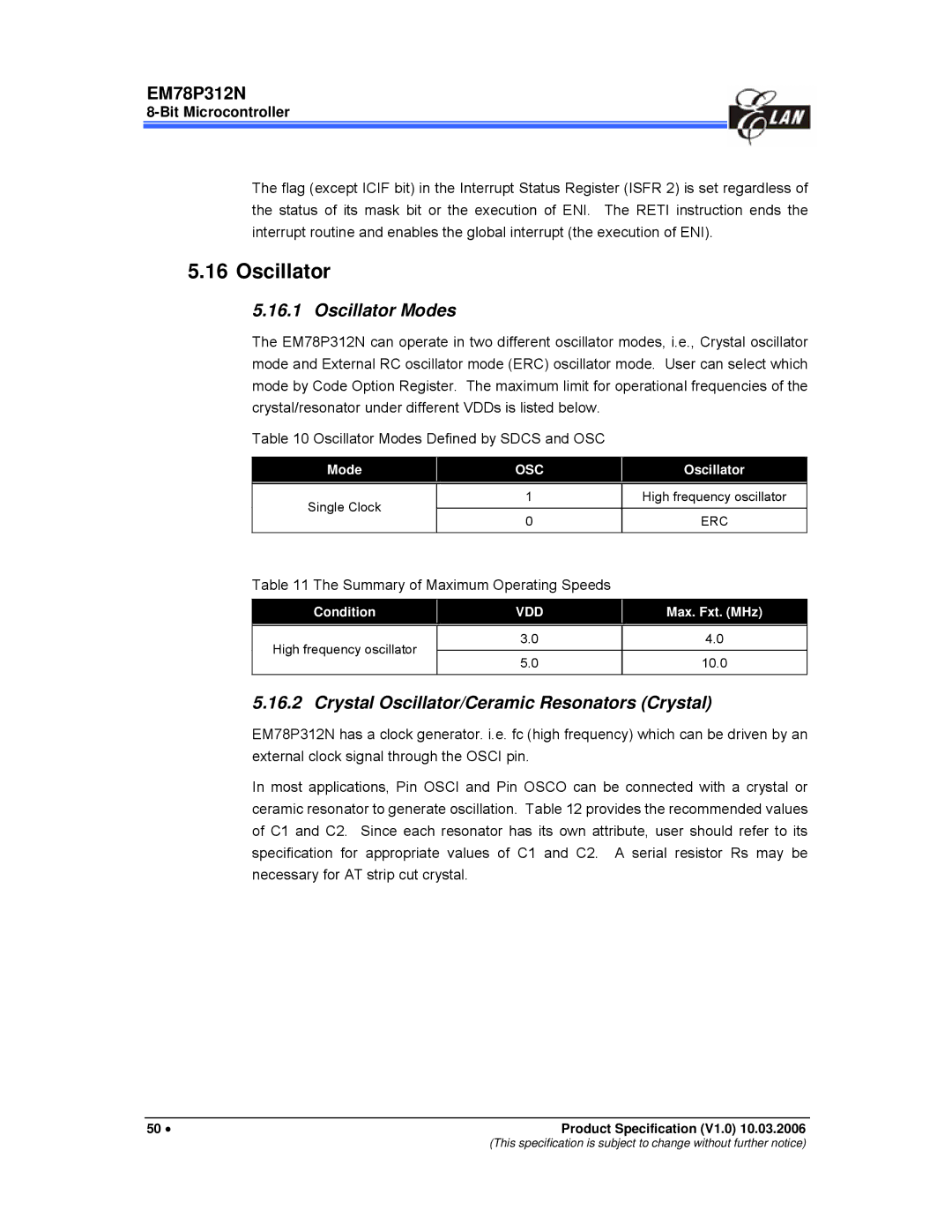 IBM EM78P312N Oscillator Modes, Crystal Oscillator/Ceramic Resonators Crystal, Summary of Maximum Operating Speeds 