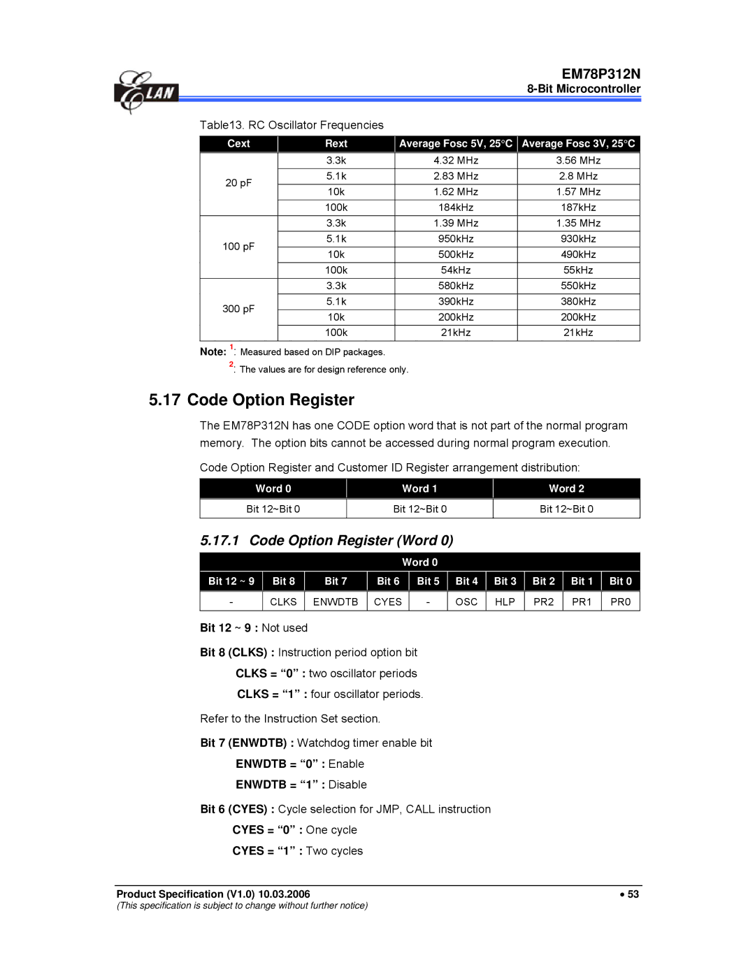 IBM EM78P312N manual Code Option Register Word, Bit 12 ~ 9 Not used, Enwdtb = 0 Enable Enwdtb = 1 Disable 