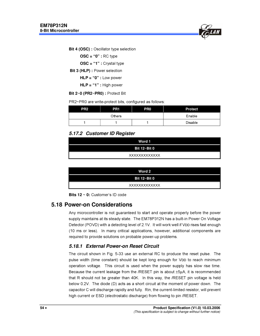 IBM EM78P312N manual Power-on Considerations, Customer ID Register, External Power-on Reset Circuit 