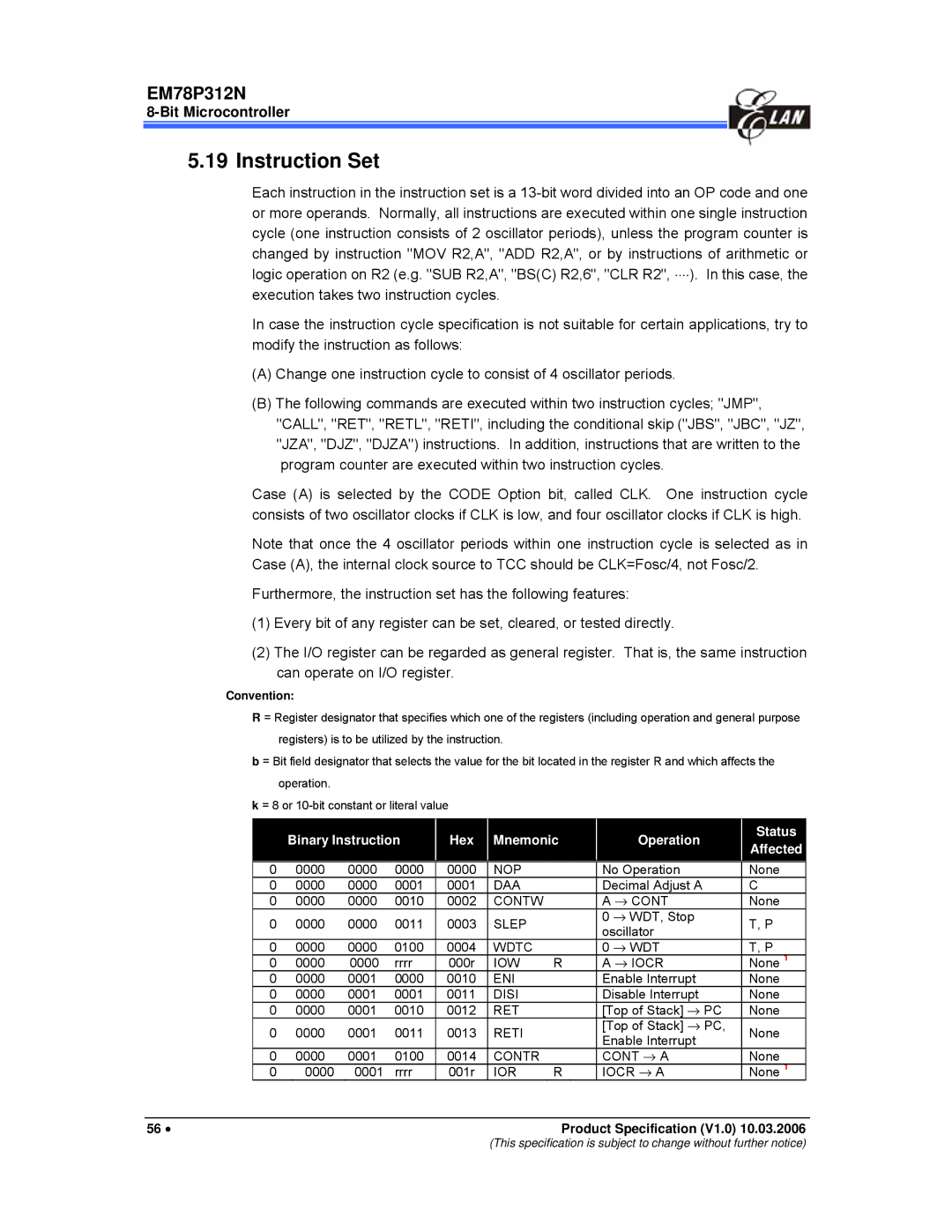 IBM EM78P312N manual Instruction Set, Binary Instruction Hex Mnemonic Operation Status 