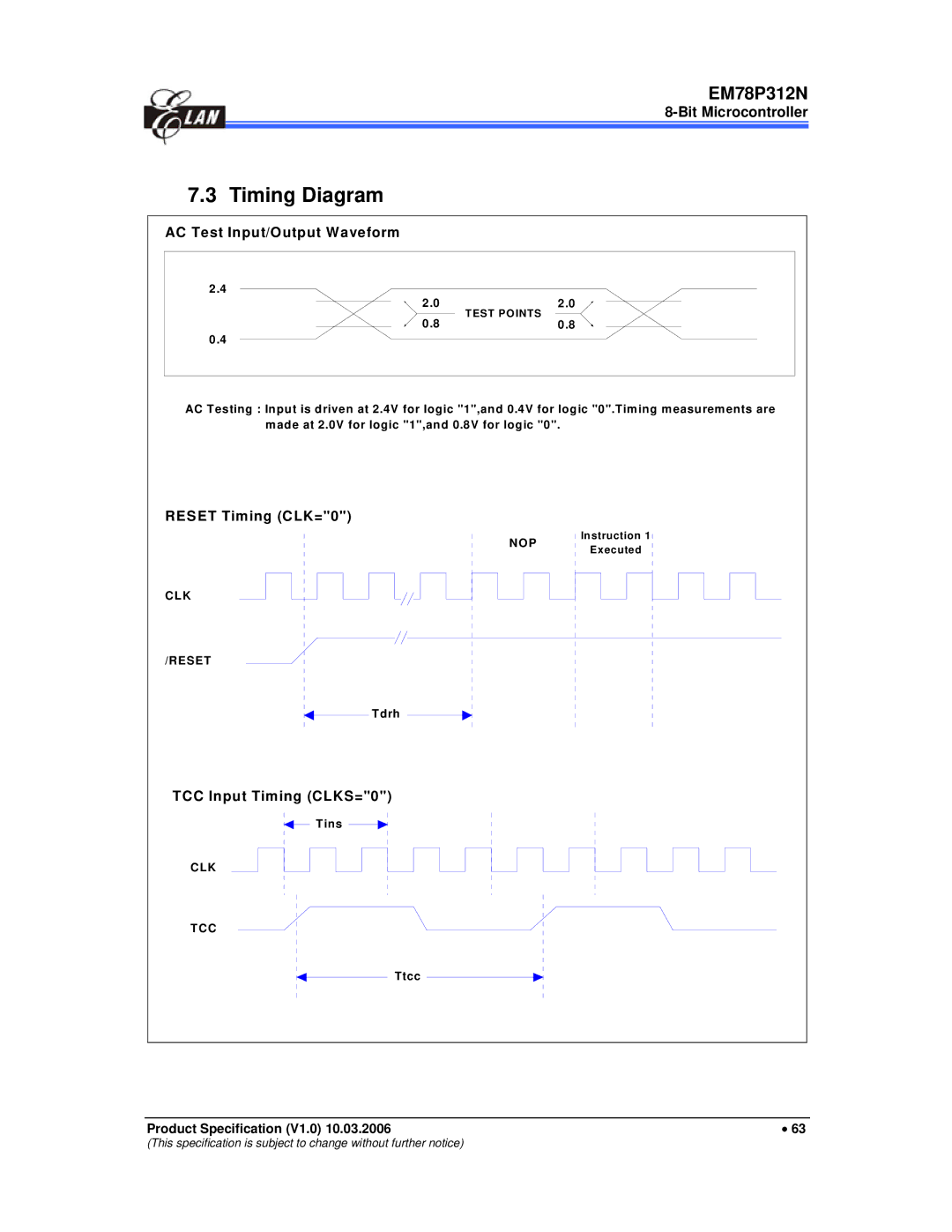 IBM EM78P312N manual Timing Diagram, AC Test Input/Output Waveform 