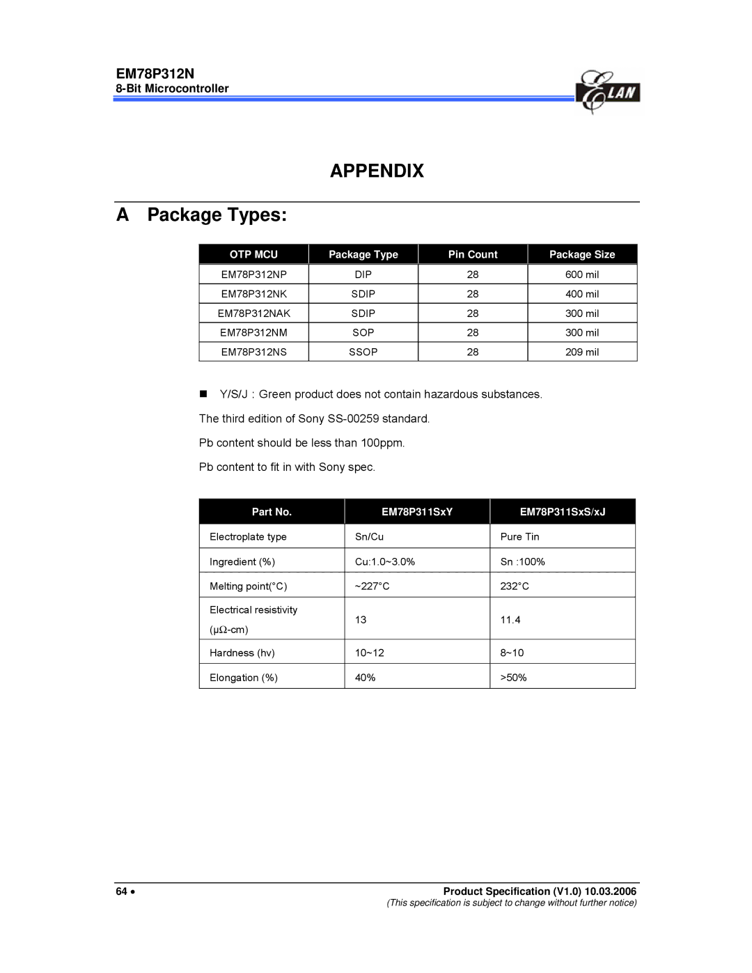 IBM EM78P312N manual Otp Mcu, Package Type, Pin Count Package Size, EM78P311SxY, EM78P311SxS/xJ 