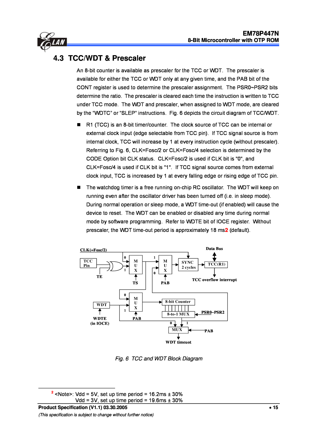 IBM EM78P447N manual 4.3 TCC/WDT & Prescaler, TCC and WDT Block Diagram 