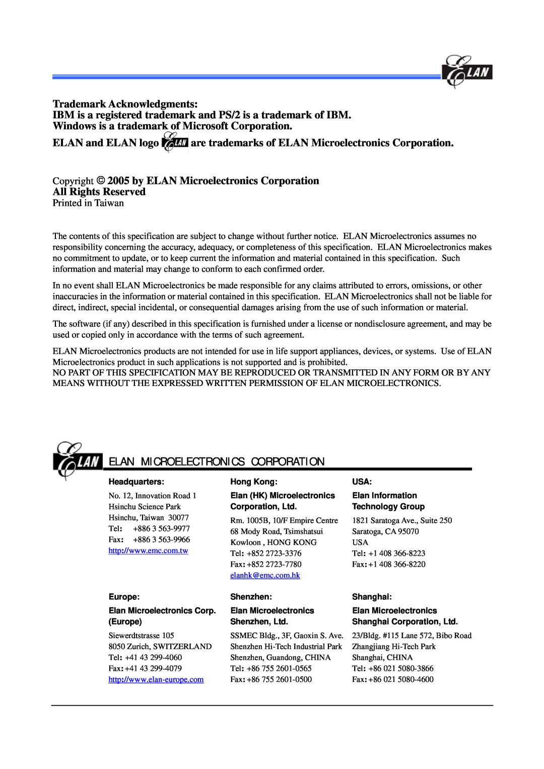 IBM EM78P447N manual Trademark Acknowledgments, Copyright 2005 by ELAN Microelectronics Corporation, All Rights Reserved 