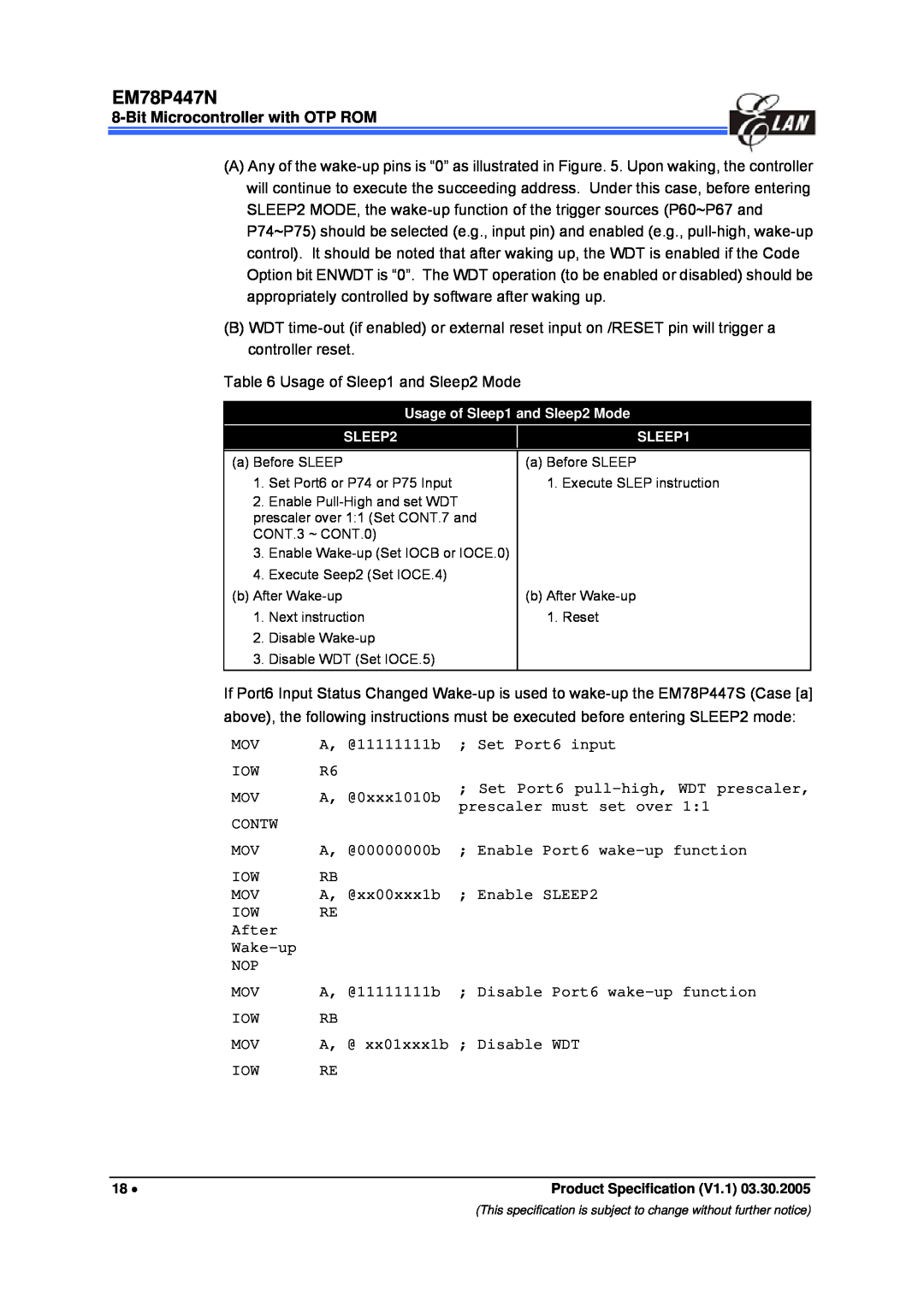 IBM EM78P447N manual Usage of Sleep1 and Sleep2 Mode 