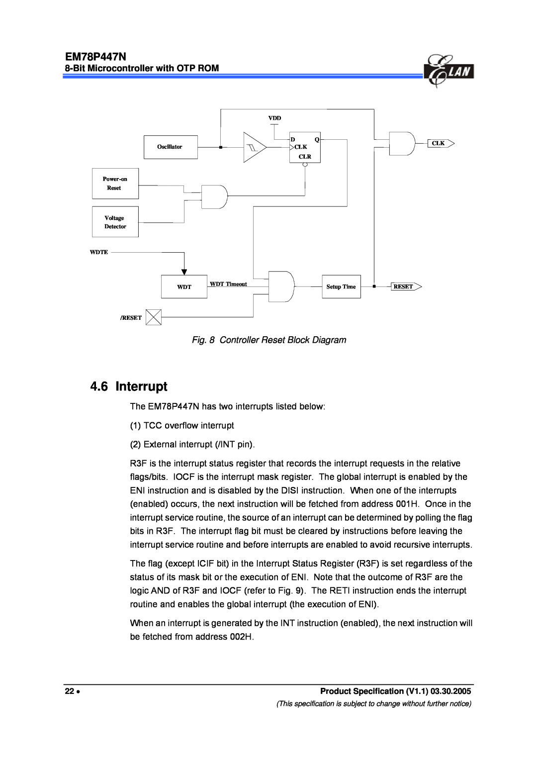 IBM EM78P447N manual Interrupt, Controller Reset Block Diagram 