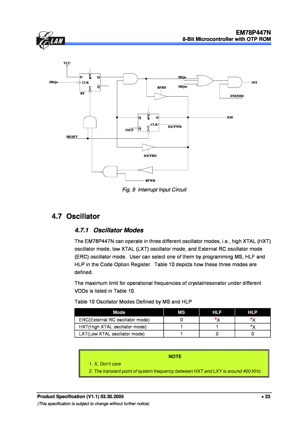 IBM EM78P447N manual Oscillator Modes, Interrupt Input Circuit 