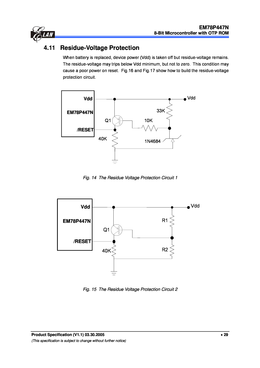 IBM manual Residue-Voltage Protection, Vdd EM78P447N RESET, Vdd R1 Q1 40KR2, Vdd 33K, 40K1N4684 