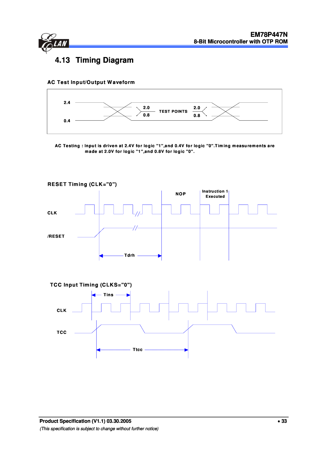 IBM EM78P447N Timing Diagram, This specification is subject to change without further notice, Test Points, Instruction 