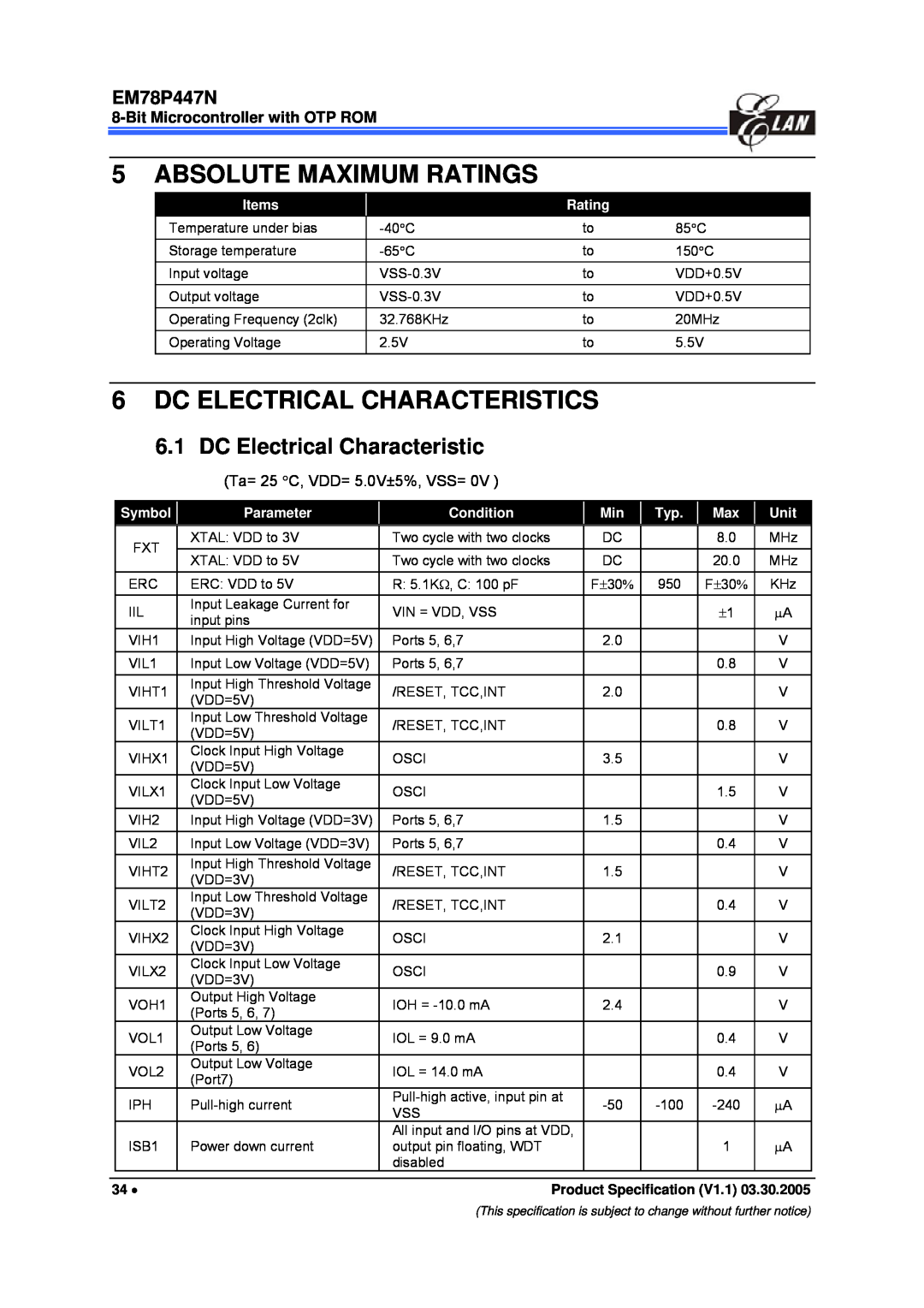 IBM EM78P447N manual Absolute Maximum Ratings, Dc Electrical Characteristics, DC Electrical Characteristic 