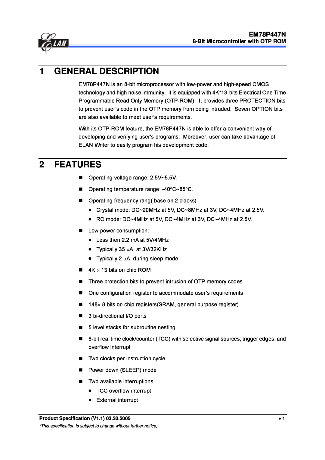 IBM EM78P447N manual General Description, Features 