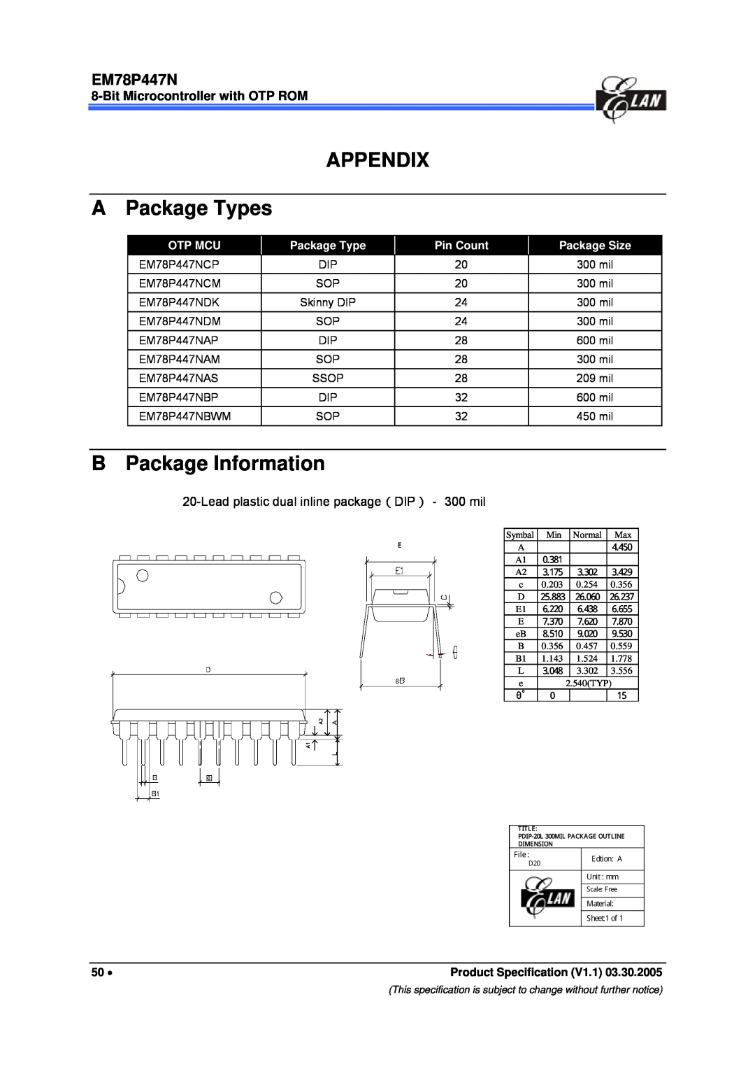 IBM EM78P447N manual APPENDIX A Package Types, B Package Information, Lead plastic dual inline package（DIP）－ 300 mil 