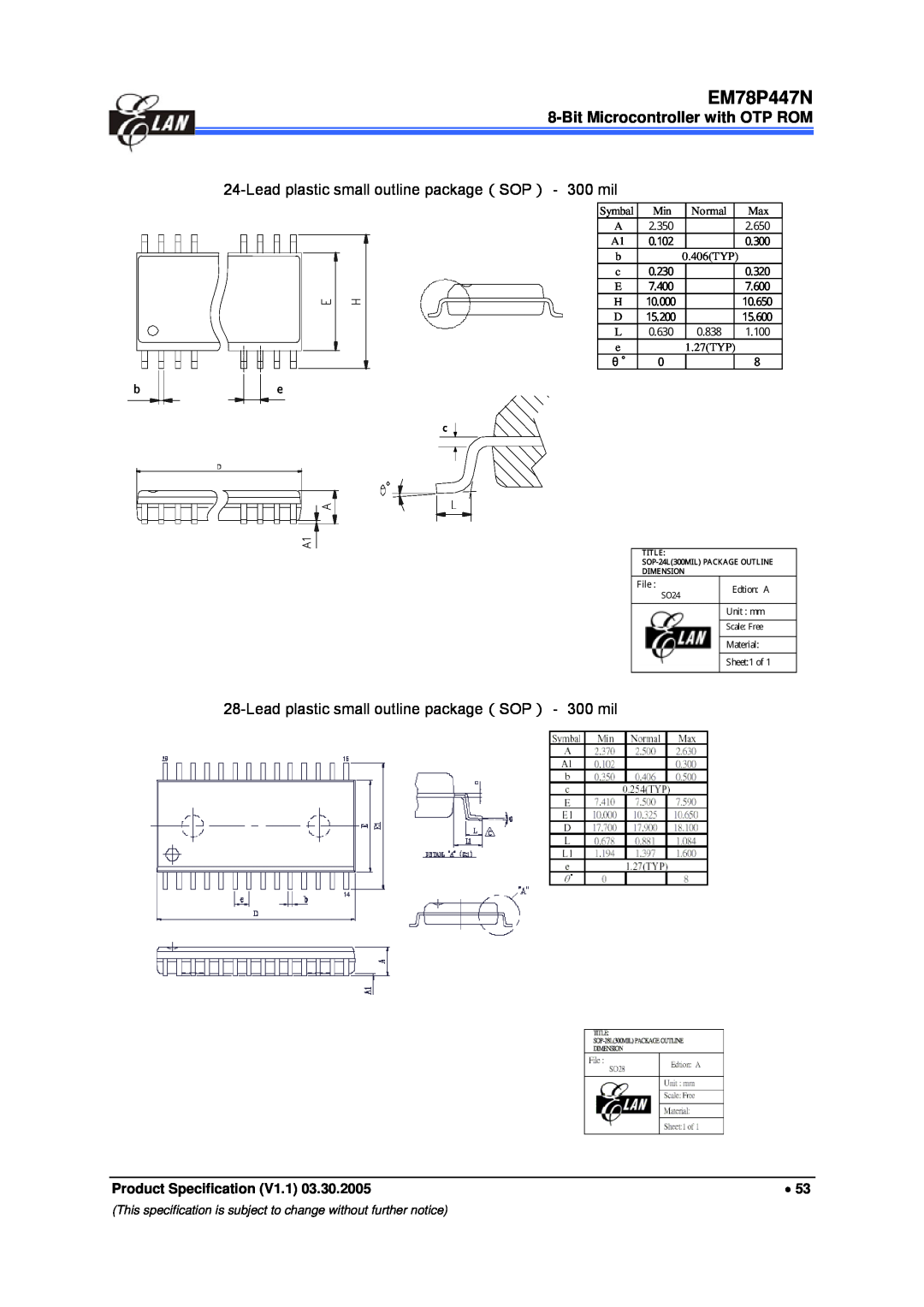 IBM EM78P447N manual Lead plastic small outline package（SOP）－ 300 mil, 1.27TYP 