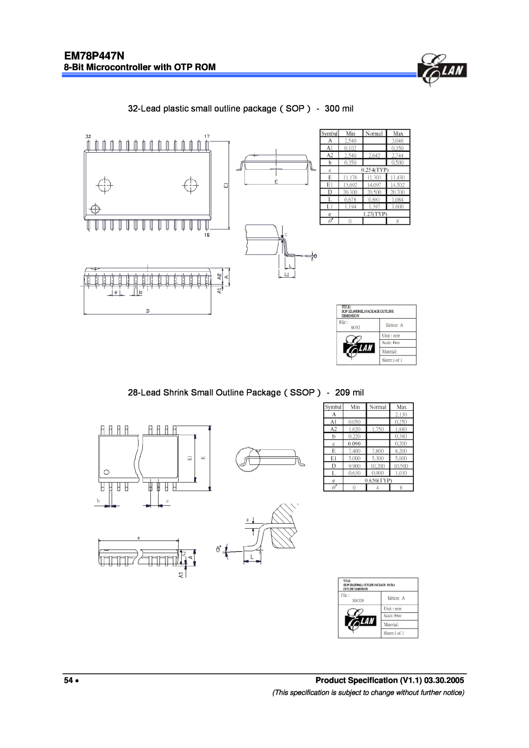 IBM EM78P447N manual Lead plastic small outline package（SOP）－ 300 mil, Lead Shrink Small Outline Package（SSOP）－ 209 mil 