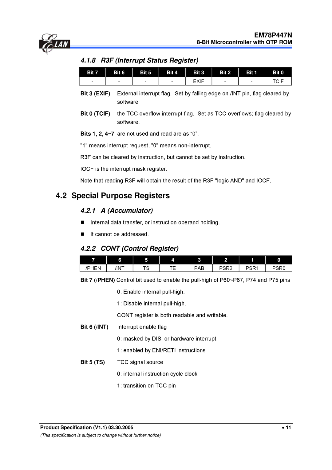 IBM EM78P447N manual Special Purpose Registers, 8 R3F Interrupt Status Register, Accumulator, Control Register, Bit 