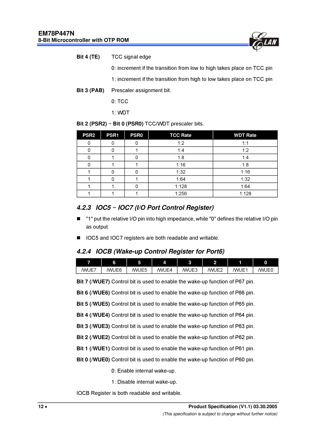 IBM EM78P447N manual 3 IOC5 ~ IOC7 I/O Port Control Register, Iocb Wake-up Control Register for Port6, TCC Rate, WDT Rate 