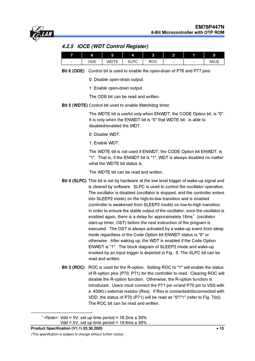 IBM EM78P447N manual Ioce WDT Control Register, Wue 