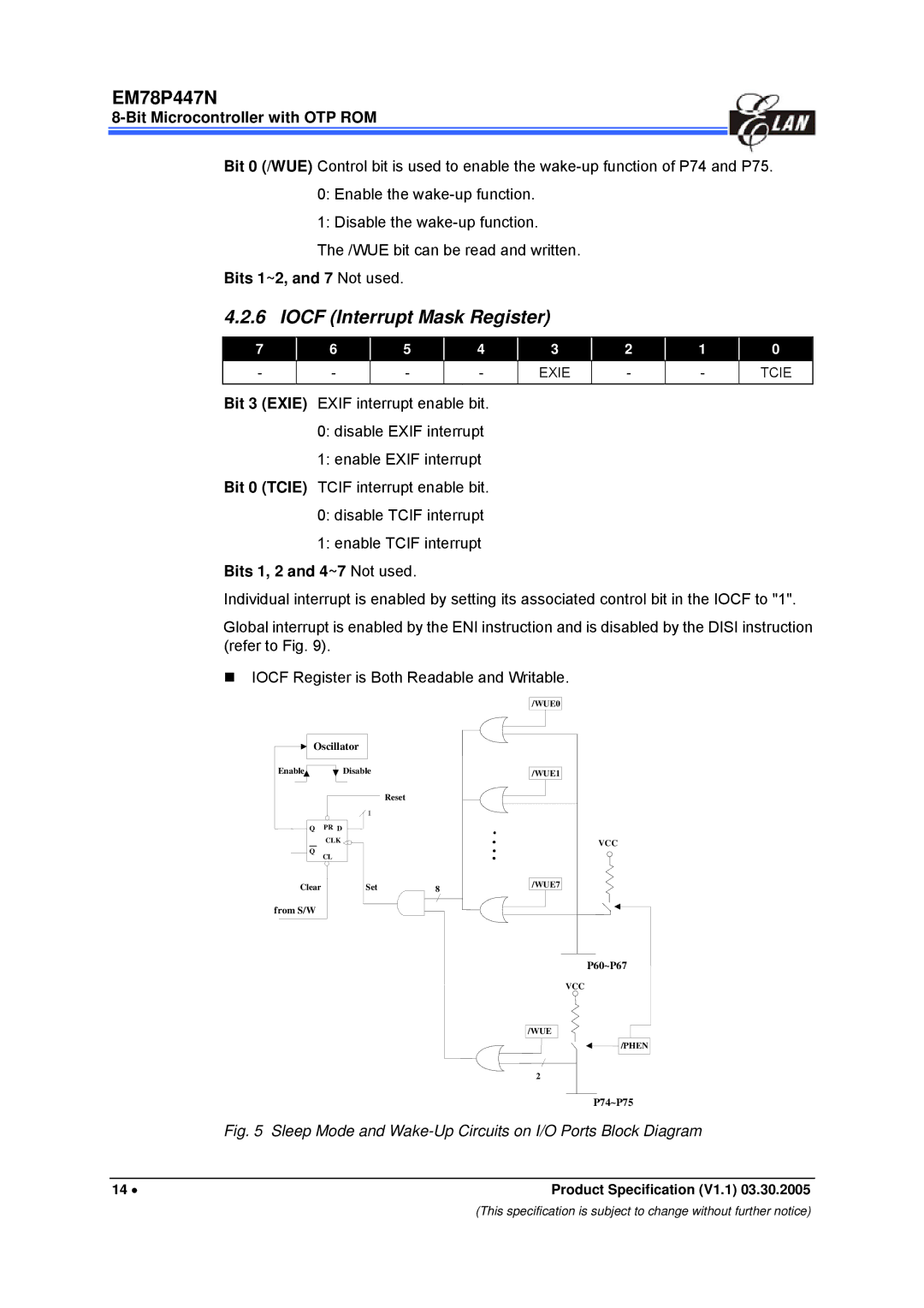 IBM EM78P447N manual Iocf Interrupt Mask Register, Exie 