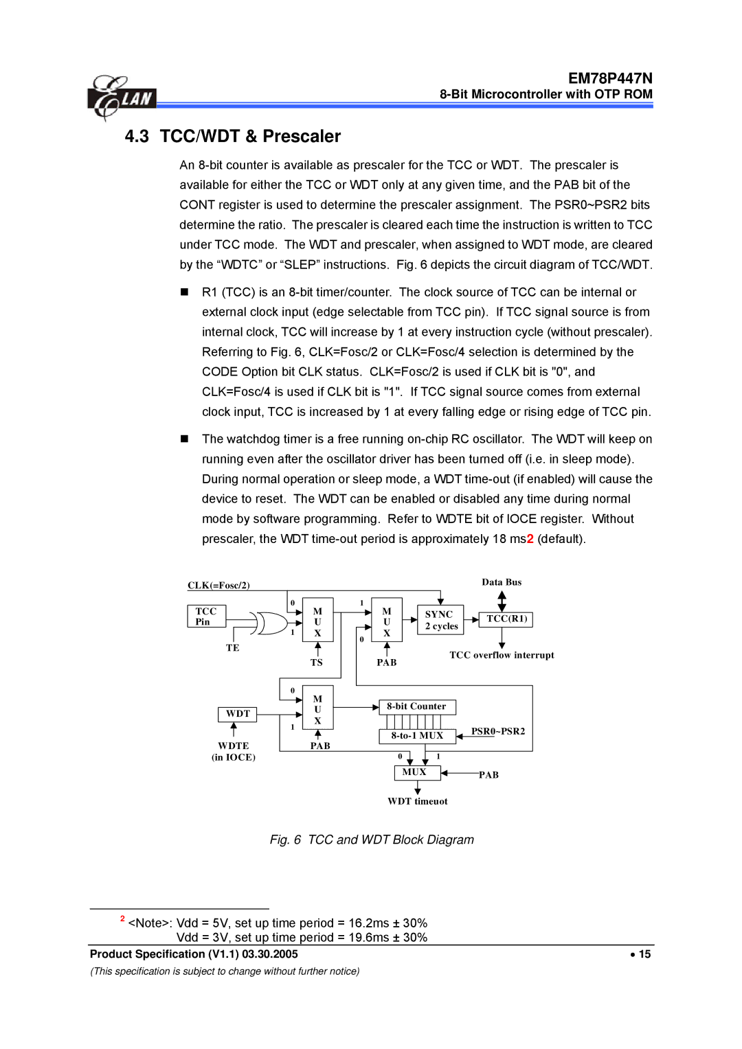 IBM EM78P447N manual TCC/WDT & Prescaler, TCC and WDT Block Diagram 