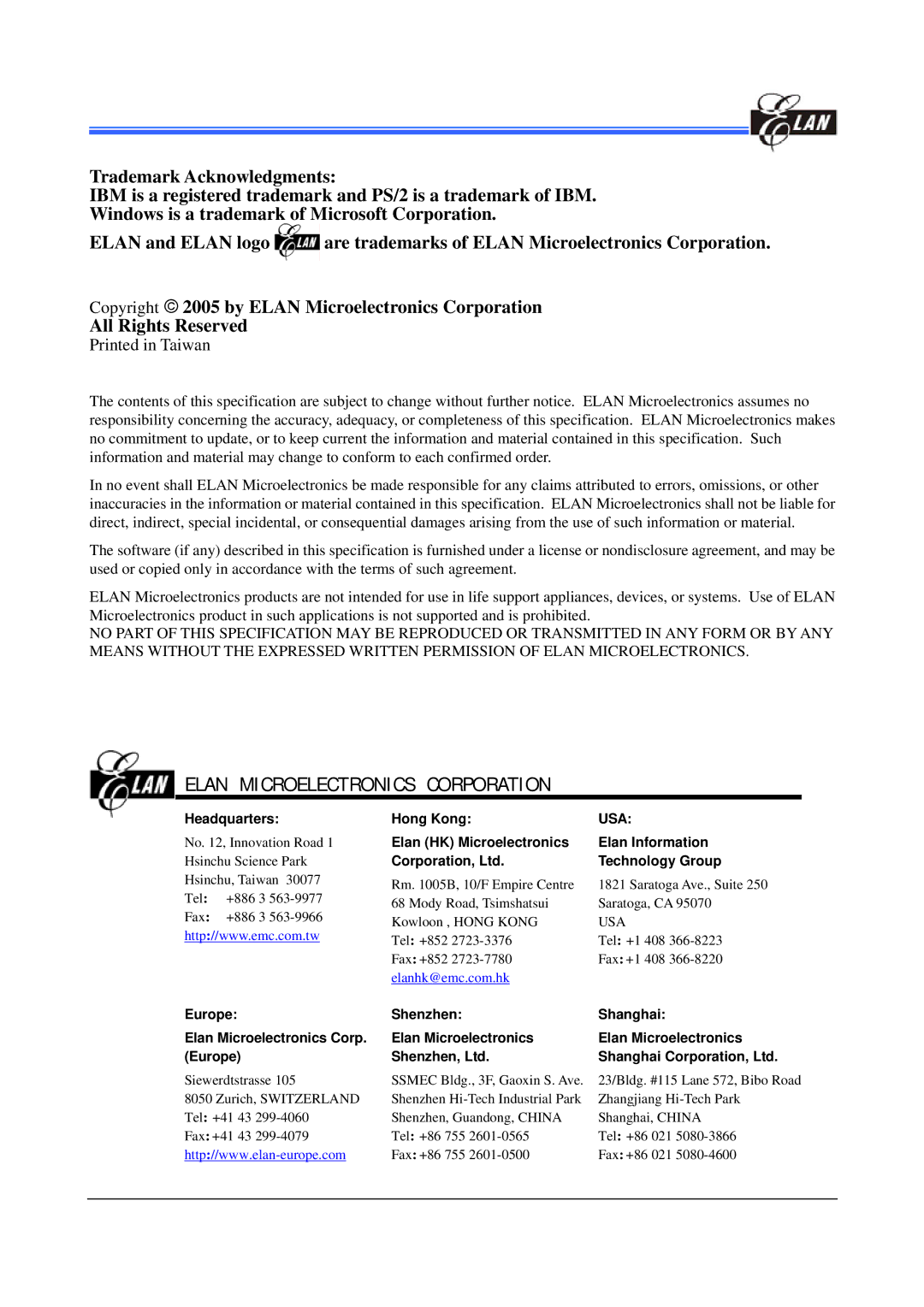 IBM EM78P447N manual Elan Microelectronics Corporation 