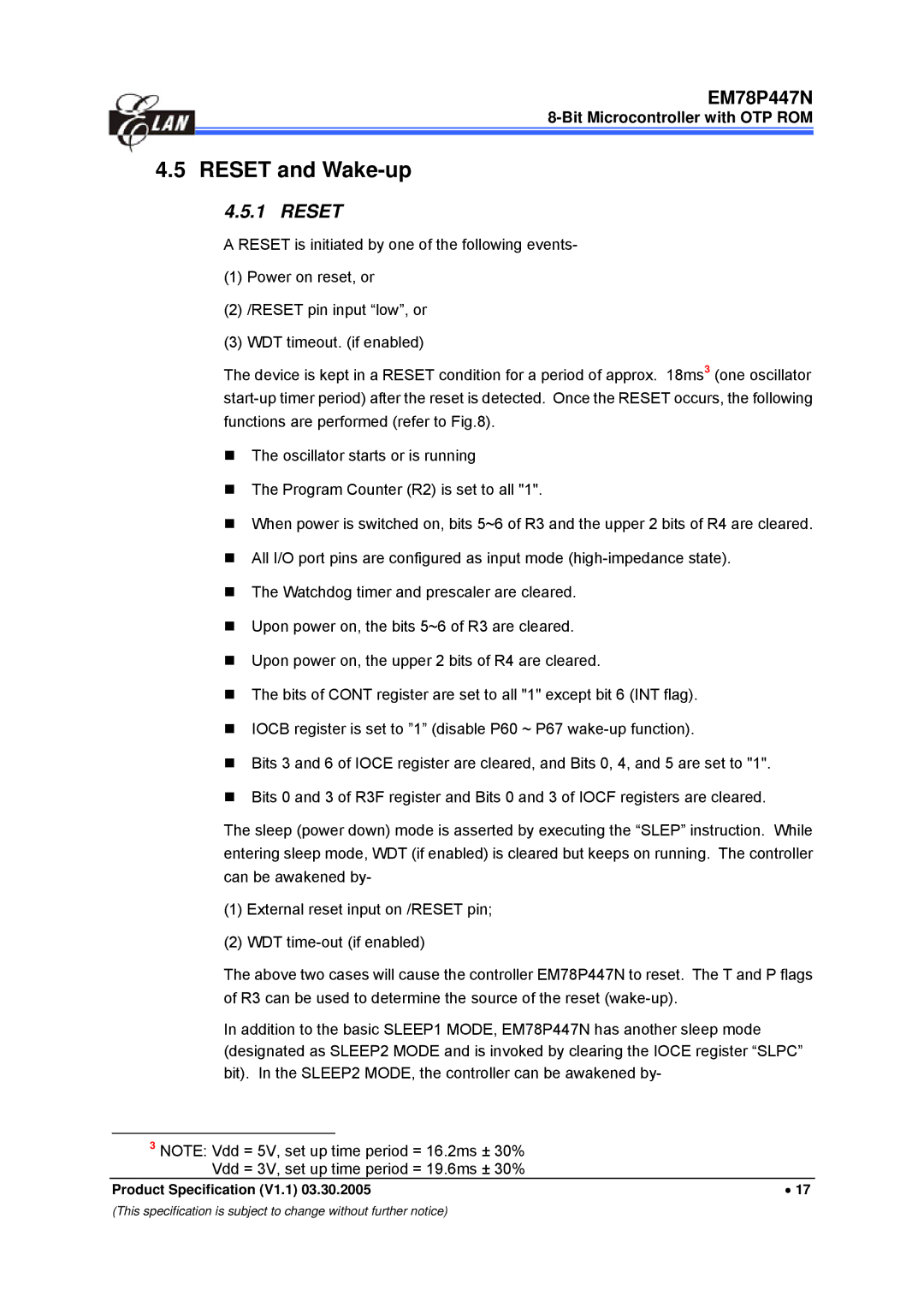 IBM EM78P447N manual Reset and Wake-up 