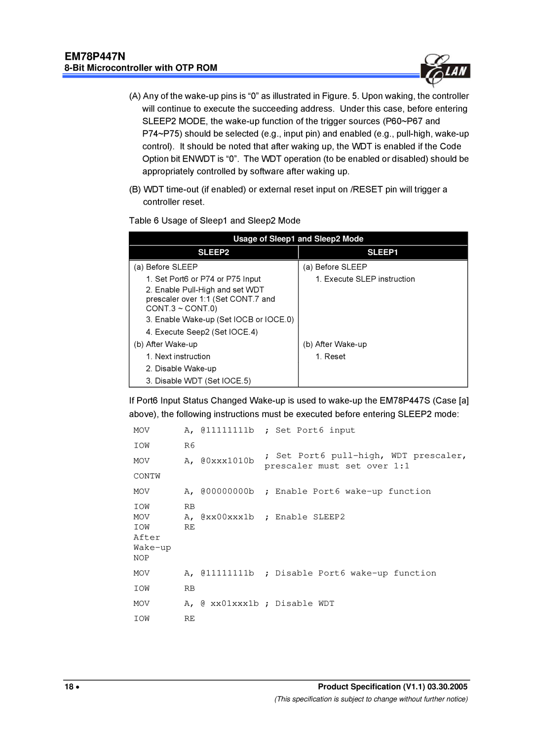 IBM EM78P447N manual Usage of Sleep1 and Sleep2 Mode, SLEEP2 SLEEP1 