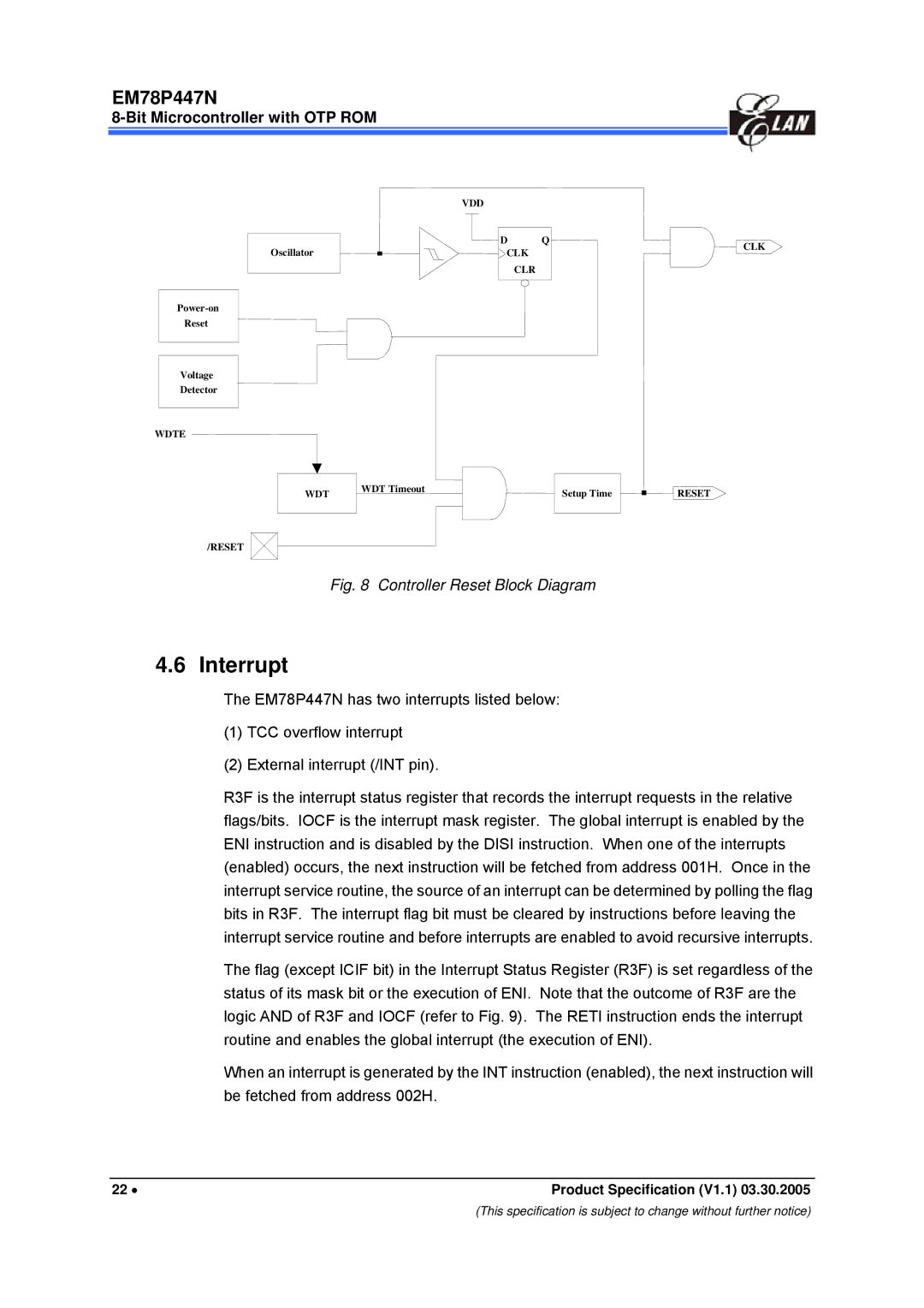 IBM EM78P447N manual Interrupt, Controller Reset Block Diagram 