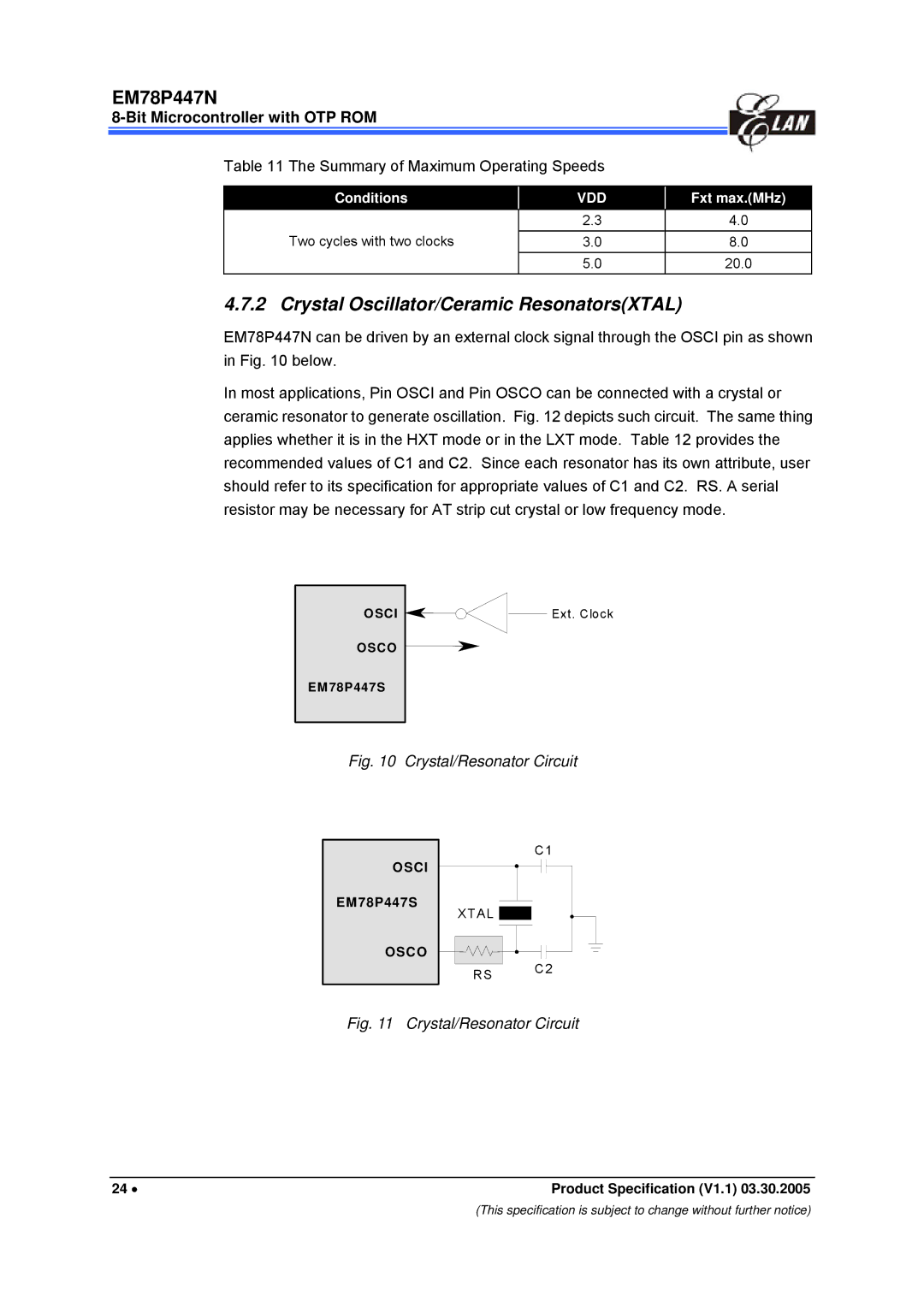 IBM EM78P447N Crystal Oscillator/Ceramic ResonatorsXTAL, Summary of Maximum Operating Speeds, Conditions, Fxt max.MHz 