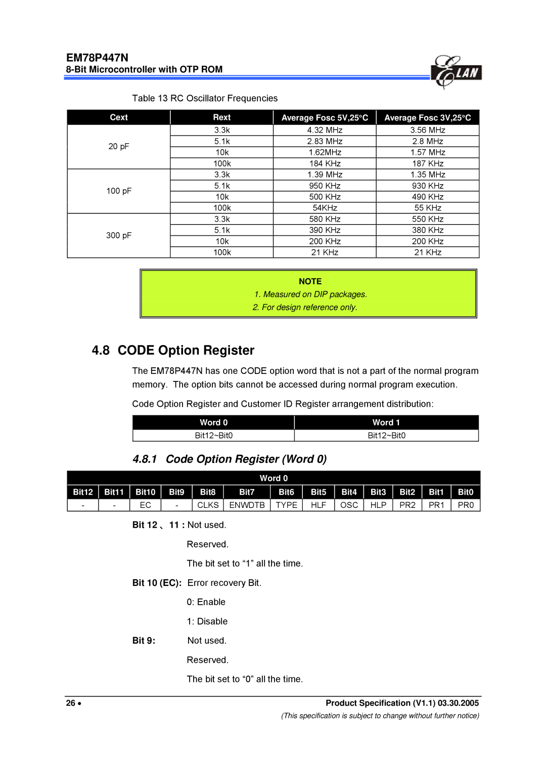 IBM EM78P447N manual Code Option Register Word 