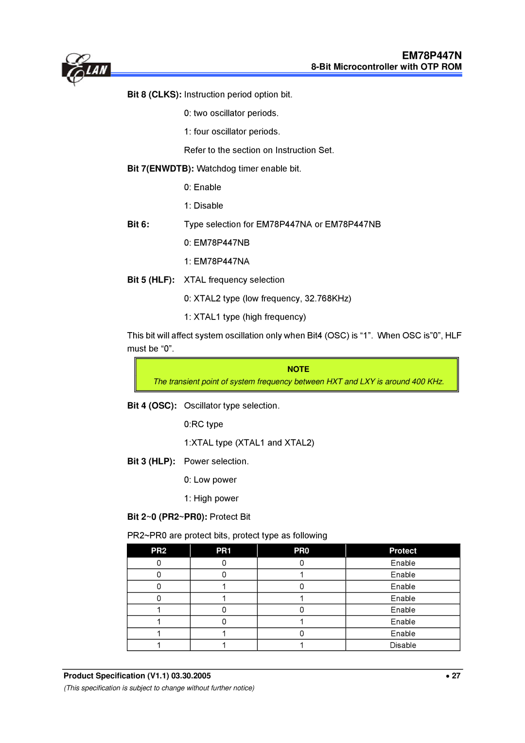 IBM EM78P447N manual PR2~PR0 are protect bits, protect type as following, Protect 